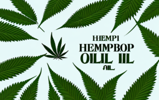 A bottle of hemp oil capsules surrounded by various natural elements like leaves and flowers