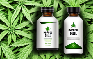 A bottle of doppelherz hemp oil capsules surrounded by hemp leaves