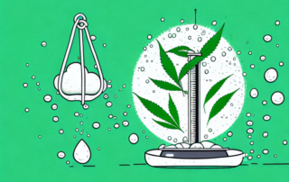 A hemp plant with droplets of cbd oil falling into a scale
