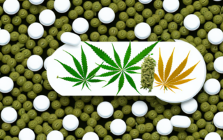 Hemp capsules surrounded by various medicinal herbs