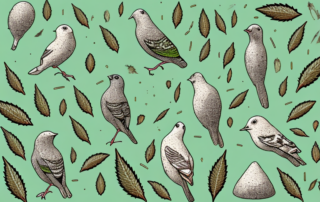 Several different species of birds pecking at a pile of hemp seeds