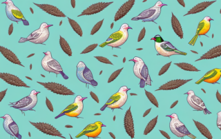 A variety of birds happily pecking at a pile of hemp seeds