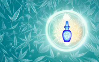 A bottle of hemp oil with radiant light emanating from it