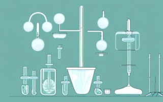 A cannabis plant in a medical laboratory setting with test tubes and medical equipment
