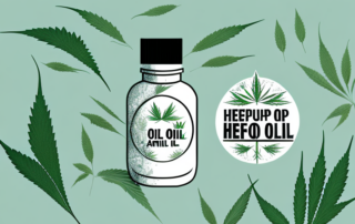 A bottle of hemp oil surrounded by natural elements like plants and flowers