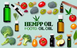 A bottle of hemp oil surrounded by various healthy foods like fruits and vegetables