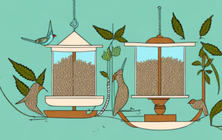 A variety of birds feasting on a hemp plant in a bird feeder