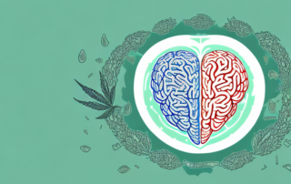 A bottle of hemp oil surrounded by various health-related symbols such as a heart