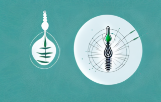 A cbd oil dropper with a few drops falling onto a stylized representation of a nerve