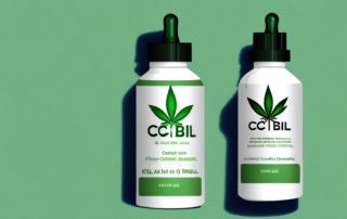 A cbd cannabis oil bottle with a hemp leaf in the background
