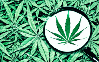 A cannabis leaf under a magnifying glass