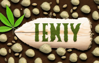 A variety of hemp seeds scattered on a wooden table