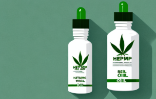 A hemp oil bottle with a hemp leaf in the background