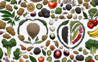 A collection of hemp seeds surrounded by various symbols representing health and nutrition