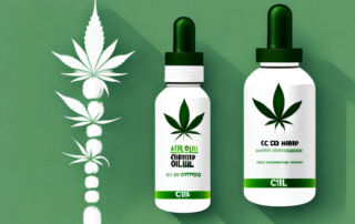 A cbd hemp oil dropper bottle with a hemp plant in the background
