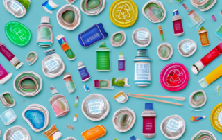 A colorful recycling shop filled with various eco-friendly products like cloth bags