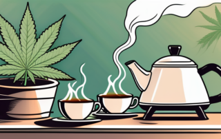 A teapot on a stove with cannabis leaves inside