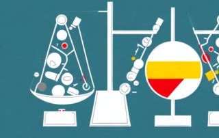 A balanced scale with various drug symbols on one side and the german flag on the other