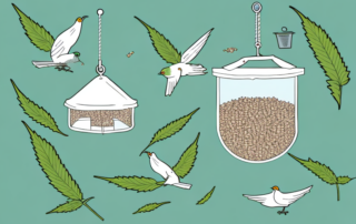 Various birds happily pecking at hemp seeds from an open bird feeder hanging from a tree