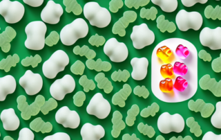 Cbd gummy bears scattered around a human knee joint
