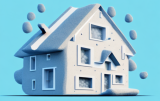 A house with visible insulation material in its walls and roof