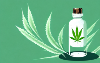 A hemp plant with a droplet of oil dripping from its leaves into a small bottle