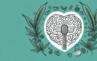 A hemp plant surrounded by various health symbols like a heart