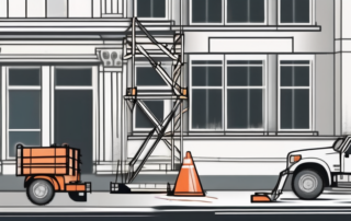 A building undergoing renovation with scaffolding and tools