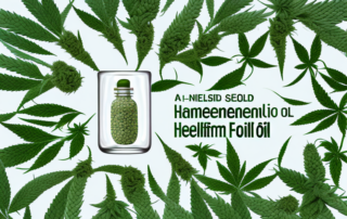 A bottle of hanfsamenöl (hemp seed oil) surrounded by hemp plants