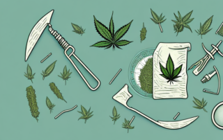 A hemp plant in a field with various tools like a sickle
