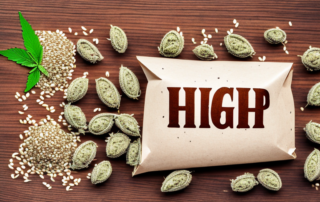 A variety of high-quality hemp seeds spread out on a wooden table