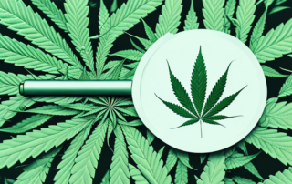 A hemp plant with a magnifying glass focusing on its leaves