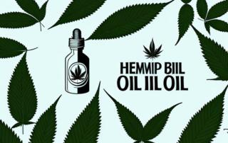A bottle of hemp oil surrounded by natural elements like leaves and flowers