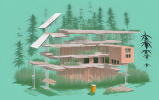 A sustainable construction scene featuring a house being built with hemp materials
