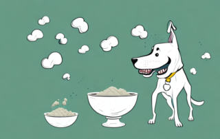 A dog happily playing in a field with a bowl of hanfpulver (hemp powder) nearby