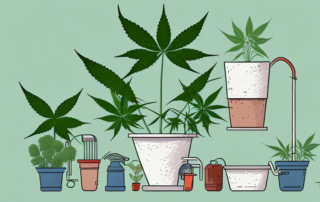 A healthy hemp plant in a pot with various gardening tools such as watering can