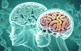 Various cannabinoids (like thc and cbd) in molecular form interacting with a stylized depiction of the human body's endocannabinoid system