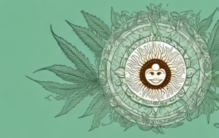 A thc hemp oil bottle surrounded by various symbols of health and wellness