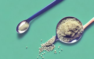 A measuring spoon filled with hemp seeds