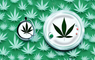 A cannabis leaf with medical symbols like a stethoscope and pills