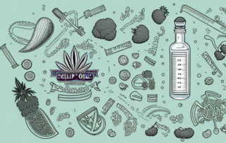 A bottle of hemp seed oil surrounded by various fitness and health symbols