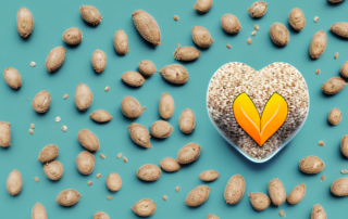 A handful of hemp seeds surrounded by a variety of health and wellness symbols such as a heart