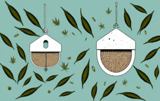 A bird feeder with hemp plants sprouting unexpectedly from the scattered seeds on the ground