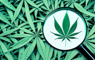 A magnifying glass focusing on a cannabis leaf