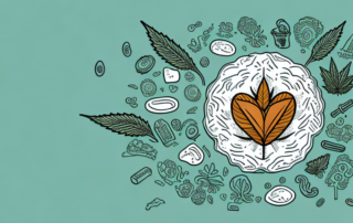 A hemp protein powder container with a few hemp leaves around it
