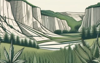 Hemp plants growing in a lush field with a quarry of limestone in the background