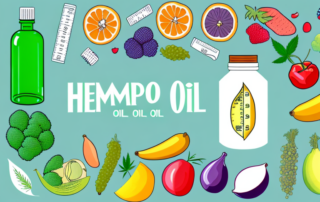 A bottle of hemp oil surrounded by healthy foods like fruits and vegetables