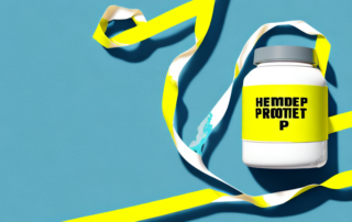 A hemp protein powder container with a caution tape wrapped around it