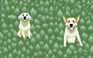 A healthy-looking dog sitting in a field of hemp plants