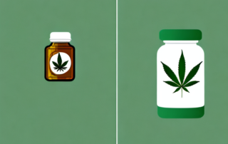 A cannabis leaf juxtaposed with a pill bottle